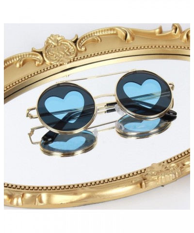 Vintage Round Flip Up Sunglasses Personality Metal Heart Shape Hippie Circle Sunglasses Blue $9.89 Designer