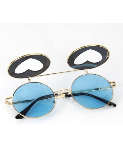 Vintage Round Flip Up Sunglasses Personality Metal Heart Shape Hippie Circle Sunglasses Blue $9.89 Designer