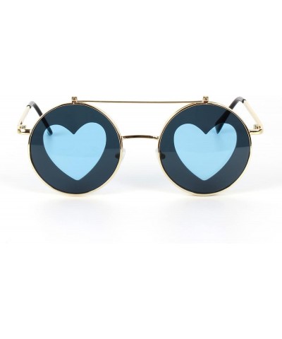 Vintage Round Flip Up Sunglasses Personality Metal Heart Shape Hippie Circle Sunglasses Blue $9.89 Designer