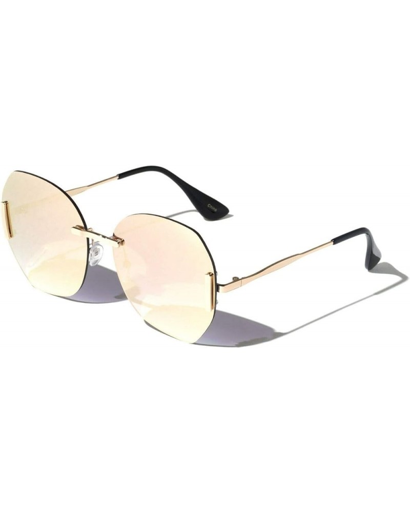 Oversized Rimless Round Luxury Elegant Aviator Sunglasses Gold & Black Frame Pink Flash Mirror Lenses $10.42 Aviator