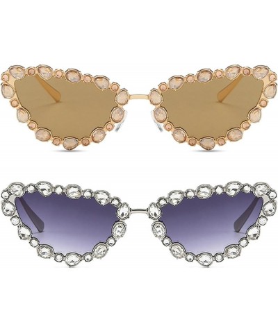 Full Crystal Shiny Cat Eye Sunglasses For Women Vintage Fashion Luxury Rhinestone Sun Glasses Female Elegant Shades 2pcs-gold...