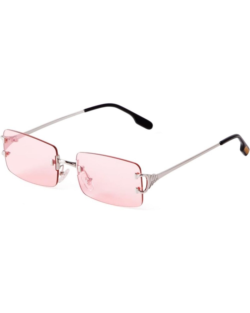 Retro Rectangle Sunglasses Women Men 90s Rimless Glasses Trendy Metal Tinted Lens Candy Color Silver/Pink $28.25 Rectangular