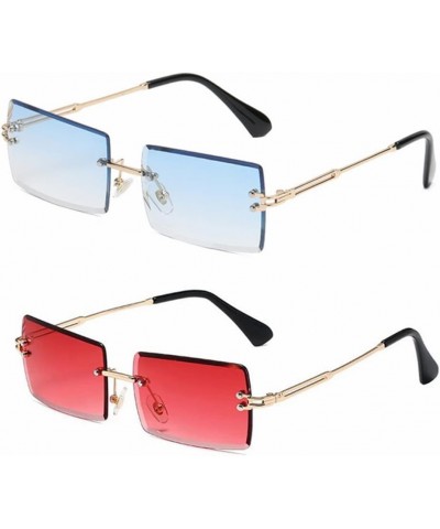 Retro Rimless Rectangle Sunglasses for Women Men Tinted Lens Gold Metal Frameless Vintage Square Glasses Blue + Red $9.34 Rim...