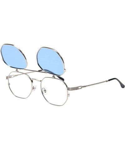 Flip Up Sunglasses Men Women Polarized Steampunk Flip Sunglasses with Double Lenses Silver Frame/Blue Lens $14.21 Rimless