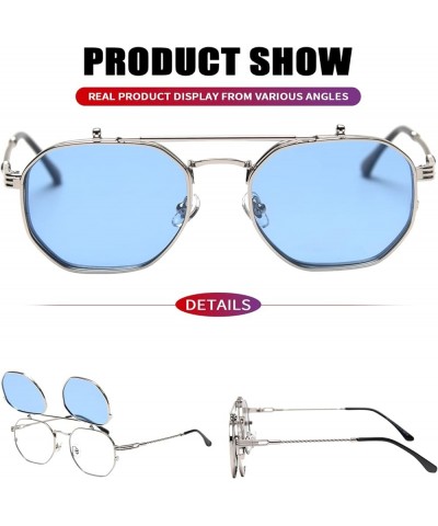 Flip Up Sunglasses Men Women Polarized Steampunk Flip Sunglasses with Double Lenses Silver Frame/Blue Lens $14.21 Rimless