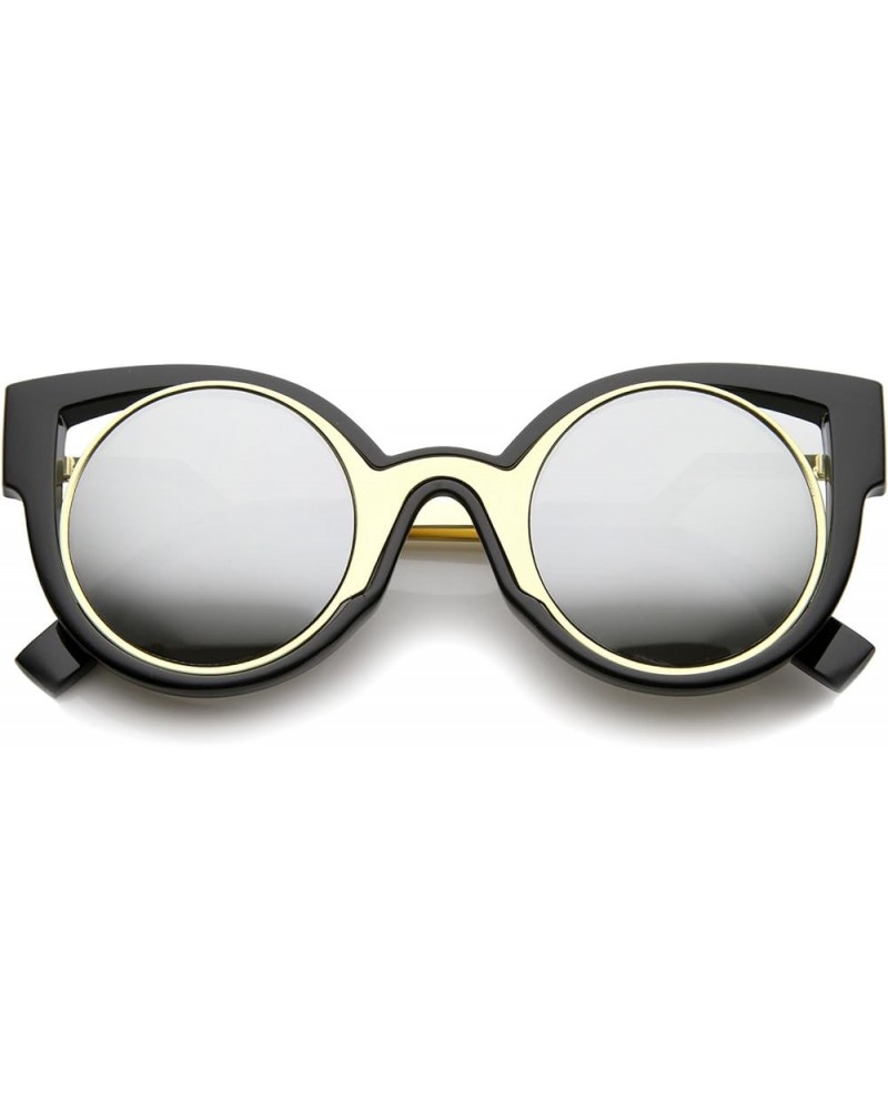 Womens Inner Metal Frame Zigzag Stepped Temple Two-Tone Cat Eye Sunglasses Black-gold / Silver Mirror $9.34 Cat Eye