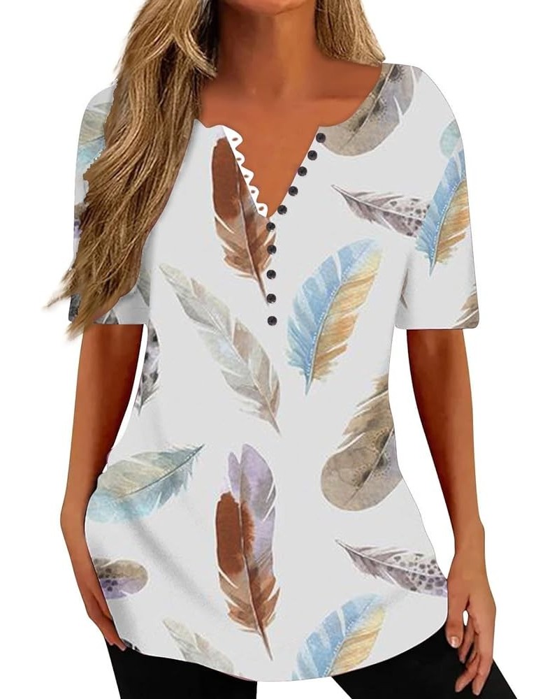 Women Button Down Tshirts Feather Graphic V Neck Short Sleeve Tunic Plus Size Trendy Pullover Hide Belly Summer Tee Multicolo...