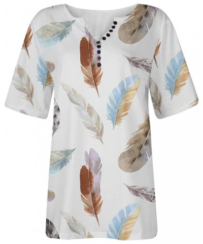 Women Button Down Tshirts Feather Graphic V Neck Short Sleeve Tunic Plus Size Trendy Pullover Hide Belly Summer Tee Multicolo...