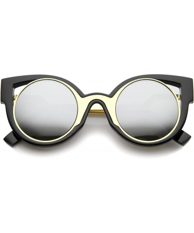 Womens Inner Metal Frame Zigzag Stepped Temple Two-Tone Cat Eye Sunglasses Black-gold / Silver Mirror $9.34 Cat Eye