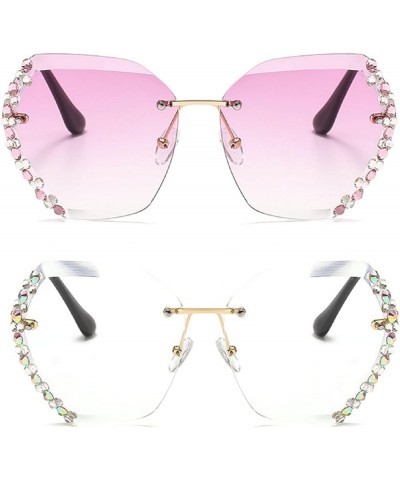 rhinestones Rimless Sunglasses Woman Sexy Diamond square Candy colors Sun Glasses Gradient party Shades for Female 2pcs-clear...