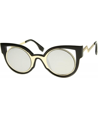 Womens Inner Metal Frame Zigzag Stepped Temple Two-Tone Cat Eye Sunglasses Black-gold / Silver Mirror $9.34 Cat Eye