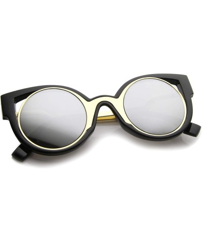 Womens Inner Metal Frame Zigzag Stepped Temple Two-Tone Cat Eye Sunglasses Black-gold / Silver Mirror $9.34 Cat Eye