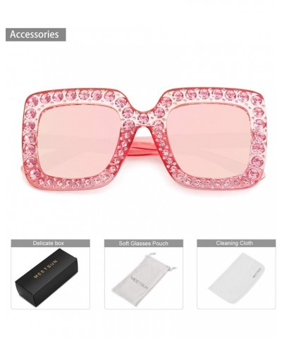 Elton Square Rhinestone Sunglasses Oversized Diamond Bling Bling Glasses Pink Mirrored Lens $12.17 Oversized