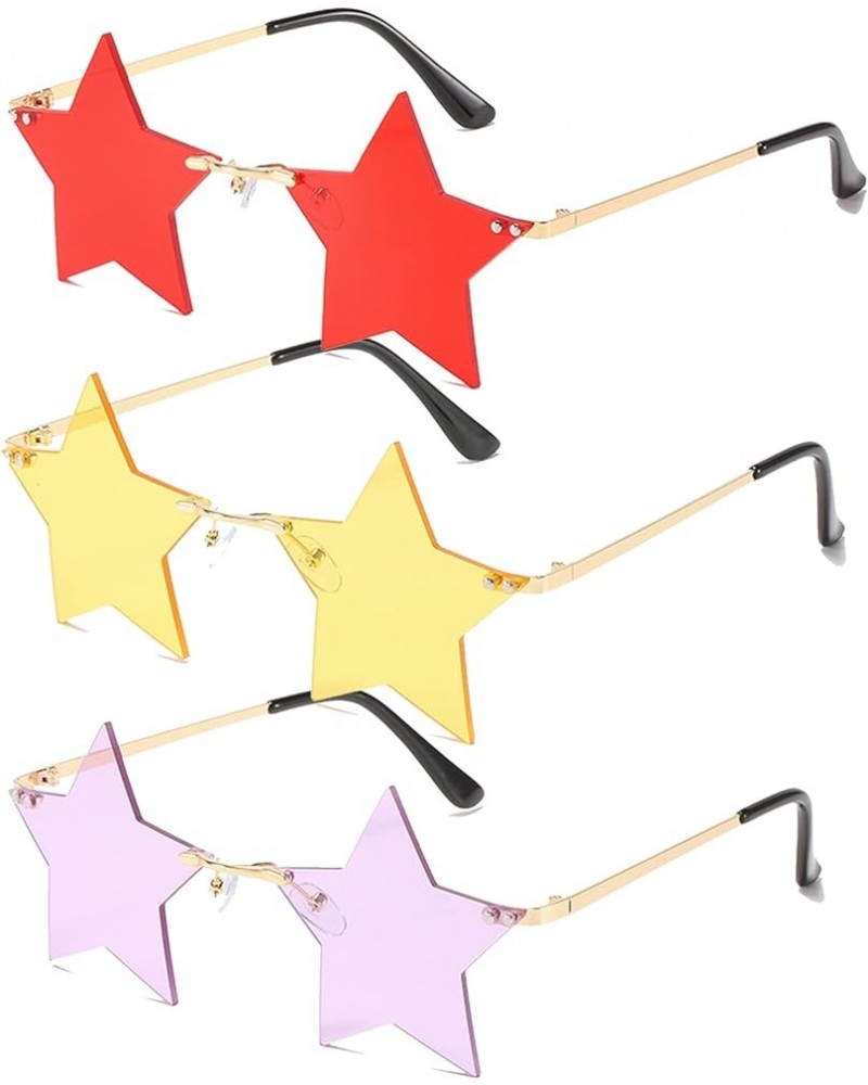 3 Pairs Star Rimless Transparent Personality Sunglasses Women/Men Party Cute Colorful Pentagram Rimless Glasses Yellow+red+pu...