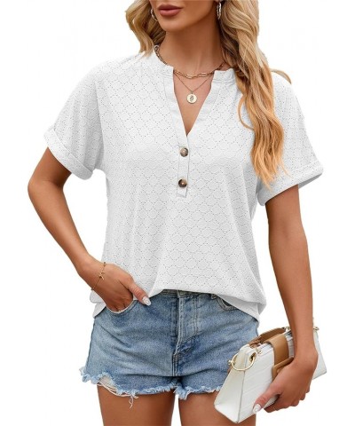 Women's Summer Casual V Neck Blouses Short Sleeve Button Down Jacquard Shirts Tops White $28.97 Designer