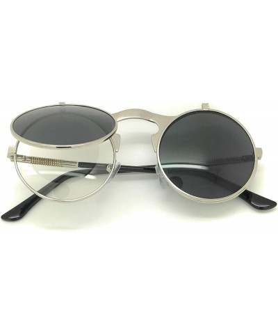 Vintage Round Flip Up Sunglasses for Men Women Lennon Style Circle Sun Glasses Silver Frame/Black Lens $10.23 Round