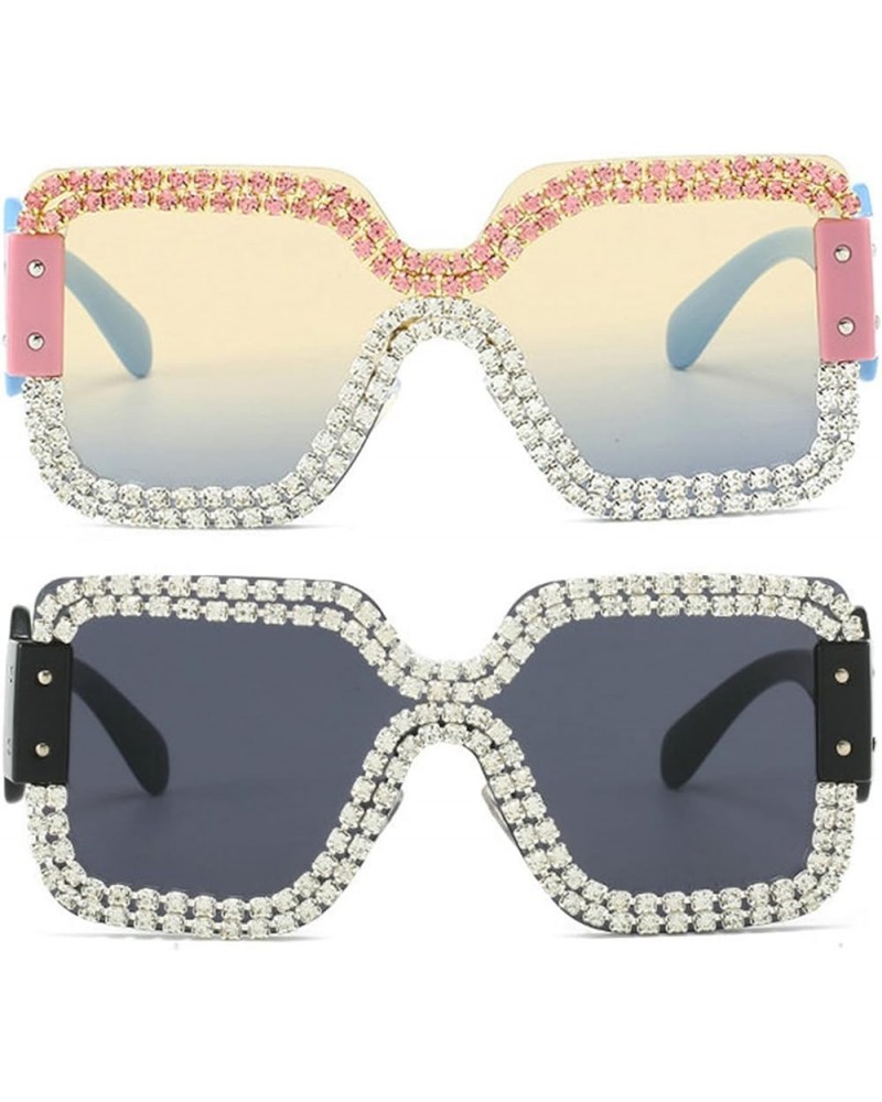 rimless Women Sunglasses Vintage Square pink Crystal Rhinestone Sparkling Bejewelled Costume Party Sunglasses 2pcs-black Whit...