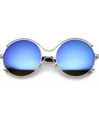 Oversize Wire Rimmed Temple Cutout Colored Mirror Round Sunglasses 58mm Silver / Blue Mirror $9.68 Round