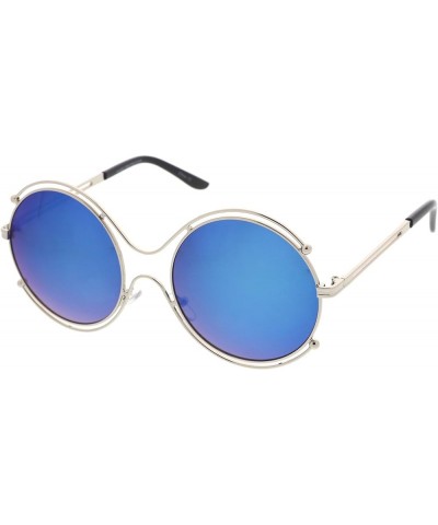 Oversize Wire Rimmed Temple Cutout Colored Mirror Round Sunglasses 58mm Silver / Blue Mirror $9.68 Round