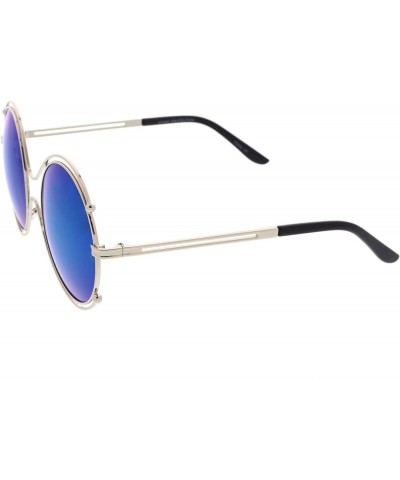 Oversize Wire Rimmed Temple Cutout Colored Mirror Round Sunglasses 58mm Silver / Blue Mirror $9.68 Round