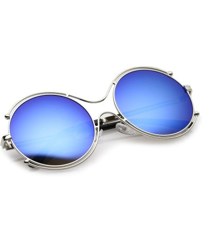 Oversize Wire Rimmed Temple Cutout Colored Mirror Round Sunglasses 58mm Silver / Blue Mirror $9.68 Round