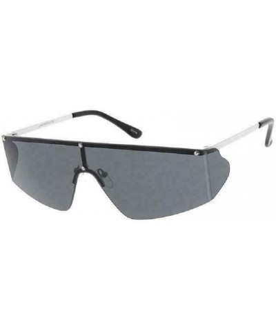 Semi Rimless One Piece Lens Wrap Around Shield Sunglasses White & Black Frame Black Super Dark Lens $10.17 Shield