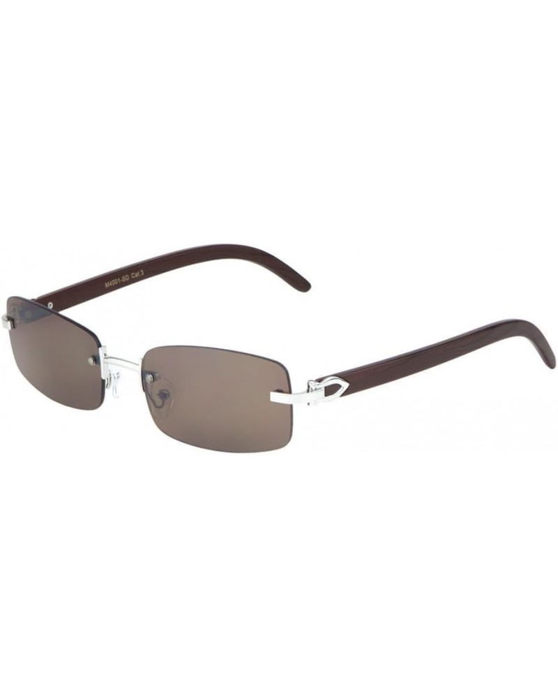 Dean Slim Rimless Rectangular Metal & Wood Aviator Sunglasses (Silver & Cherry Wood, Brown) $9.33 Rimless