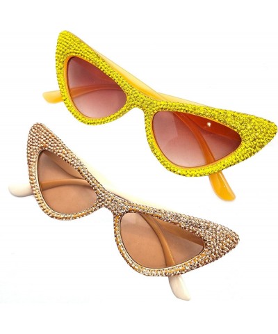 Fashion Diamond Cat Eye Sunglasses for Women Sparkling Rhinestone Sun Glasses Vintage Triangle Bling Crystal Glasses 2pcs Yel...