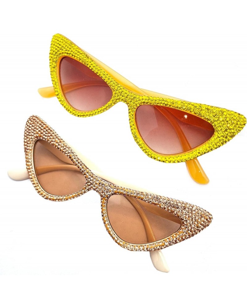 Fashion Diamond Cat Eye Sunglasses for Women Sparkling Rhinestone Sun Glasses Vintage Triangle Bling Crystal Glasses 2pcs Yel...