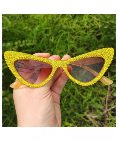 Fashion Diamond Cat Eye Sunglasses for Women Sparkling Rhinestone Sun Glasses Vintage Triangle Bling Crystal Glasses 2pcs Yel...