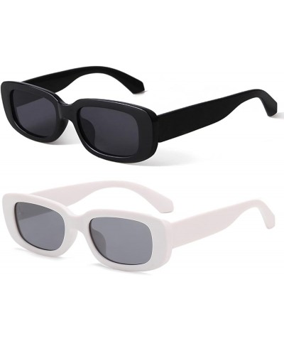 Retro Rectangle Sunglasses Women and Men Vintage Small Square Sun Glasses UV Protection Glasse-X 2pcs-black+white $7.41 Designer