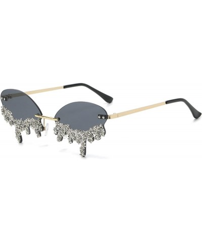 Small Oval Rimless Tear Shape Rhinestone Sunglasses for Women,bling Designer Punk Diamond Sun Glasses Gray $10.79 Rimless