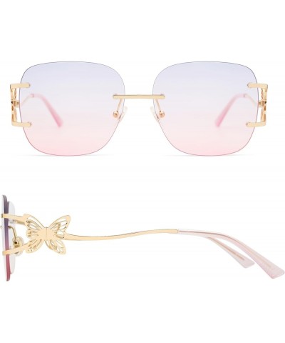 Oversized Rimless Sunglasses for Women Men Square Butterfly Y2k Sun Glasses AP3678 C2 Blue Pink $11.75 Oversized